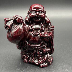Buddha Figure Hotei Figurine Mahogany Red Resin 4" Tall Happy Luck Laugh Smile
